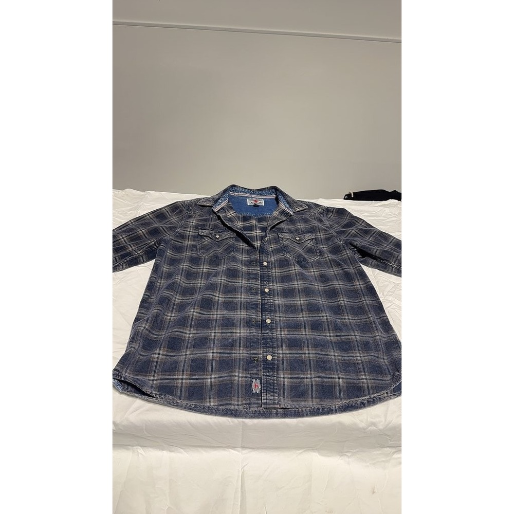 American Eagle Desert Son Flag & Anthem Men Large Blue Plaid Corduroy Snap Shirt